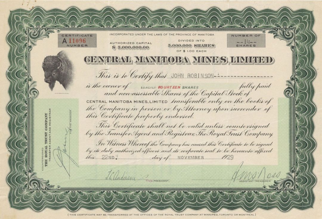 Central Manitoba Mines, Limited - Foreign Stock Certificate