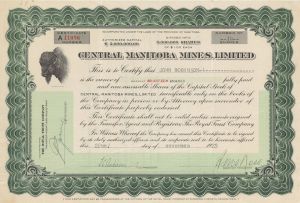 Central Manitoba Mines, Limited - Foreign Stock Certificate