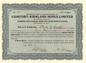 Comfort-Kirkland Mines Limited - Foreign Stock Certificate
