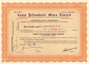 Conjo Yellowknife Mines Limited - Foreign Stock Certificate