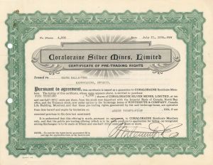 Coraloraine Silver Mines, Limited - Foreign Stock Certificate