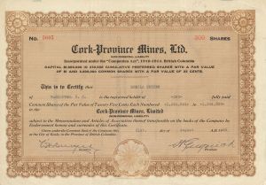 Cork-Province Mines, Ltd. - Foreign Stock Certificate