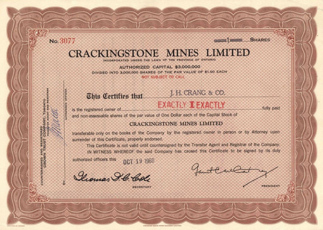 Crackingstone Mines Limited - Foreign Stock Certificate