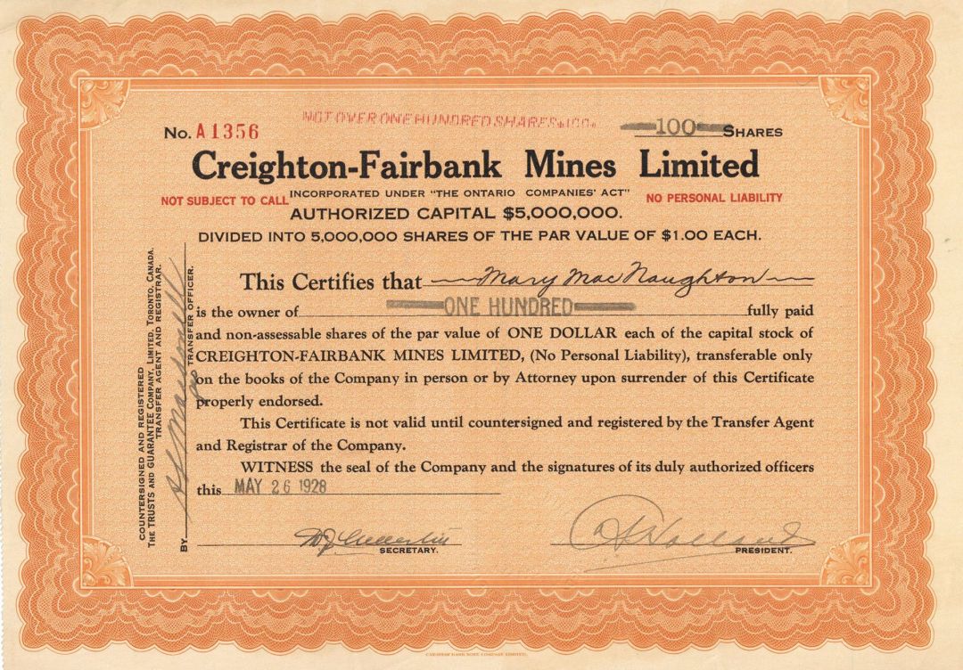 Creighton-Fairbank Mines Limited - Foreign Stock Certificate
