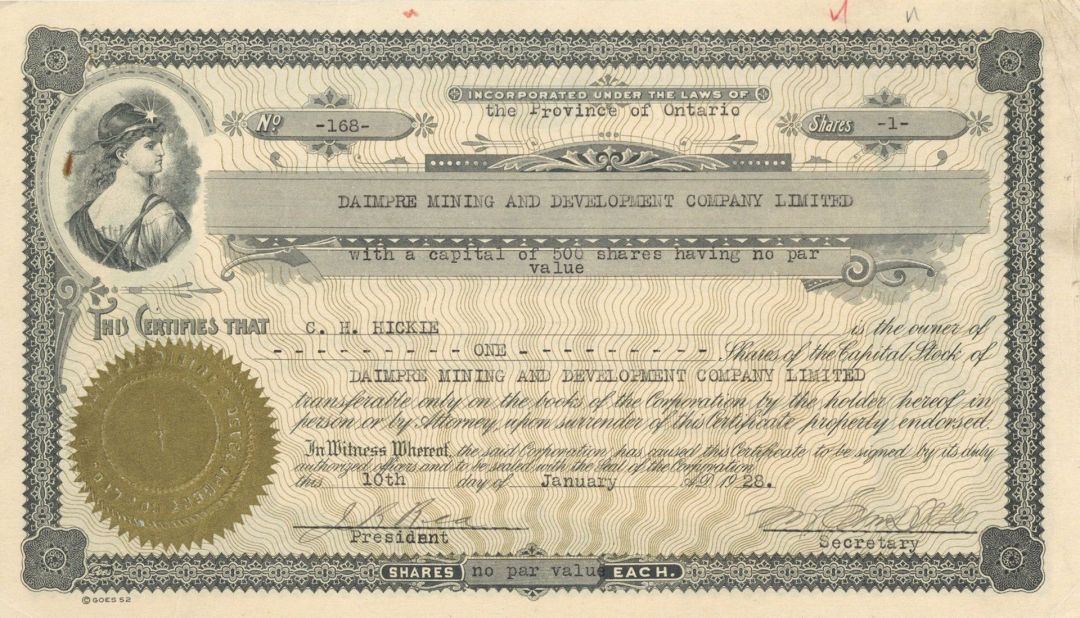 Daimpre Mining and Development Company Limited - Foreign Stock Certificate