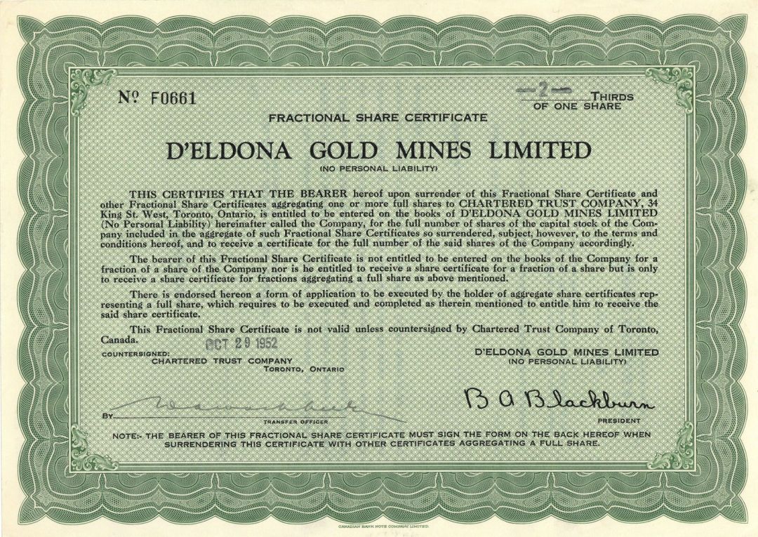 D'Eldona Gold Mines Limited - Foreign Stock Certificate