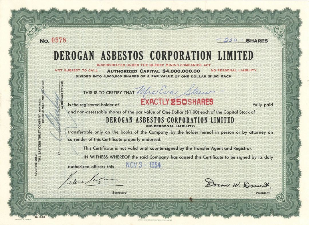 Derogan Asbestos Corporation Limited - Foreign Stock Certificate