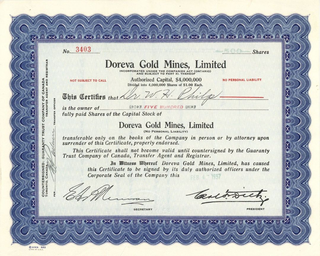 Doreva Gold Mines, Limited - Foreign Stock Certificate