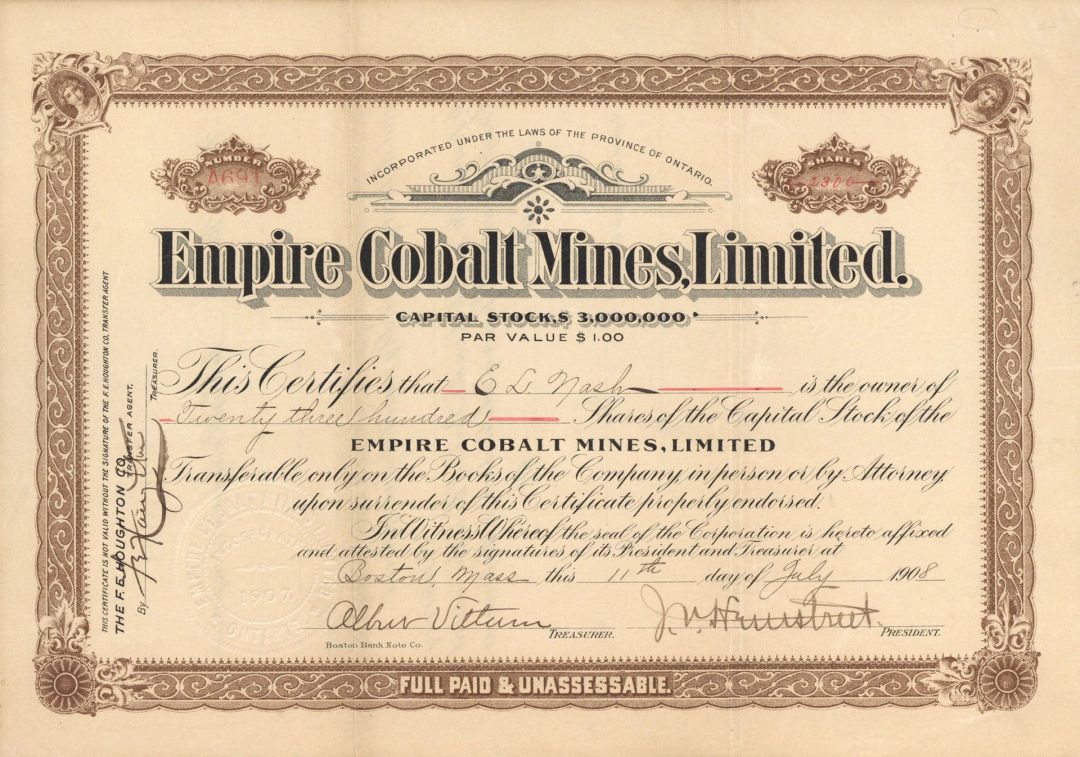 Empire Cobalt Mines, Limited - Foreign Stock Certificate