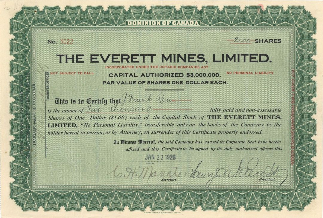 Everett Mines, Limited - Foreign Stock Certificate