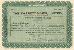 Everett Mines, Limited - Foreign Stock Certificate