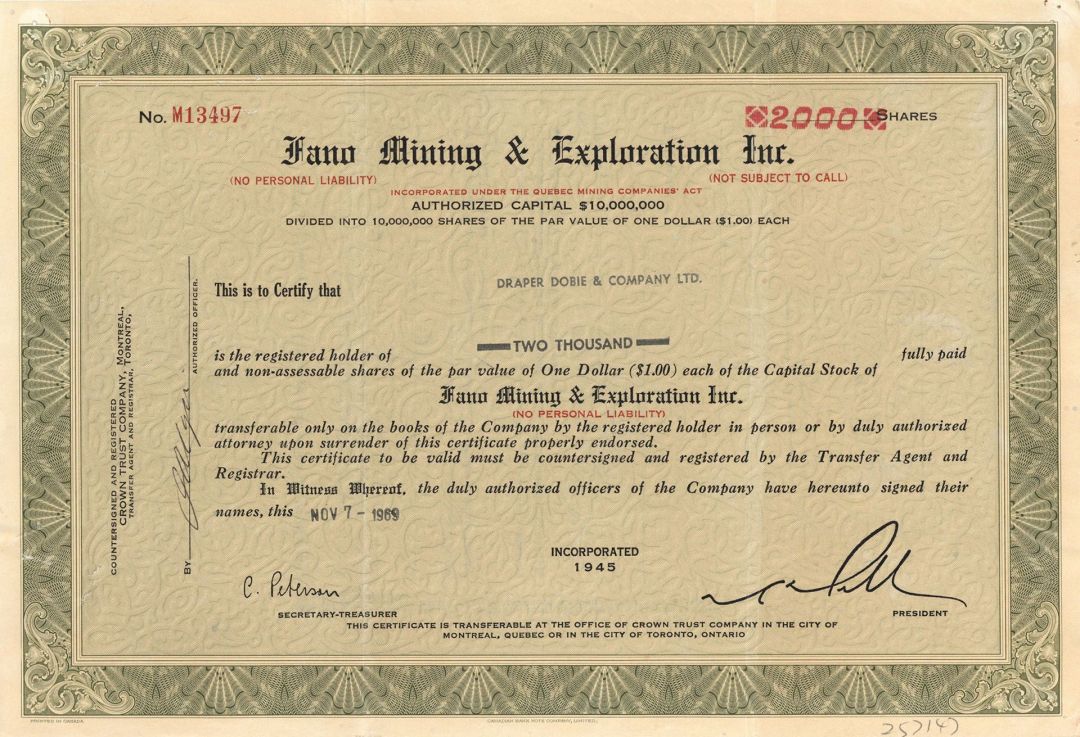 Fano Mining and Exploration Inc. - Foreign Stock Certificate