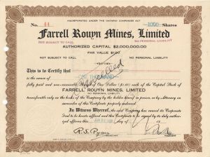 Farrell Rouyn Mines, Limited - Foreign Stock Certificate