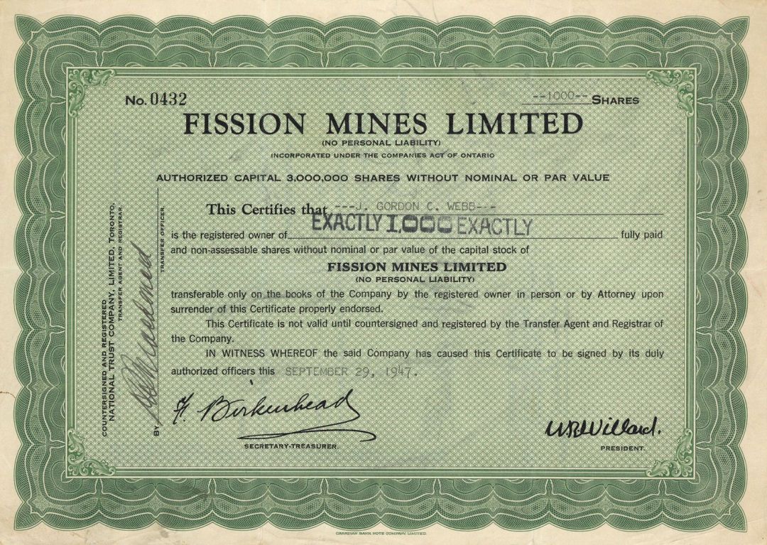 Fission Mines Limited - Foreign Stock Certificate