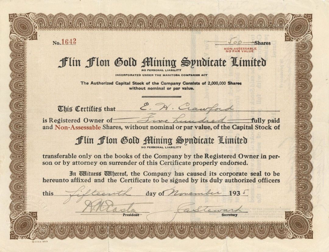 Flin Flon Gold Mining Syndicate Limited - Foreign Stock Certificate