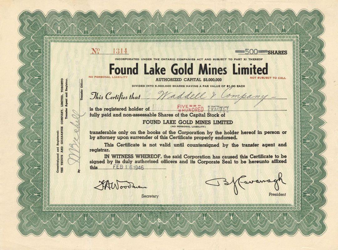 Found Lake Gold Mines Limited - Foreign Stock Certificate