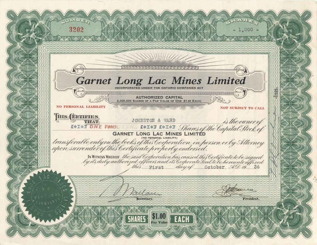 Garnet Long Lac Mines Limited - Foreign Stock Certificate