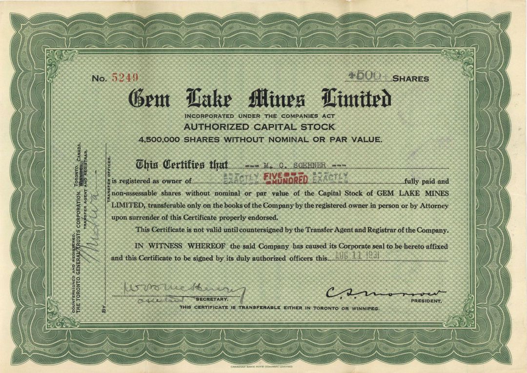Gem Lake Mines Limited - Foreign Stock Certificate