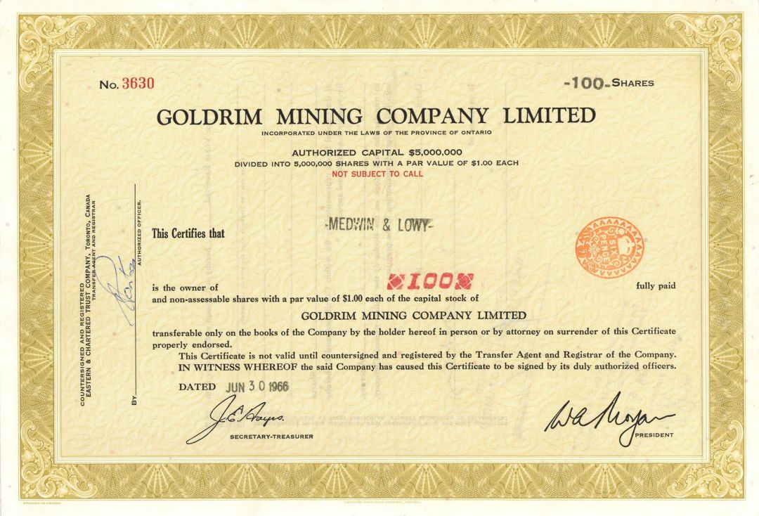 Goldrim Mining Company Limited - 1966-1971 dated Canadian Stock Certificate