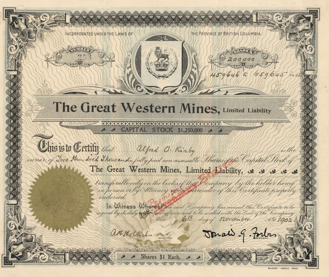 Great Western Mines, Limited Liability - Foreign Stock Certificate