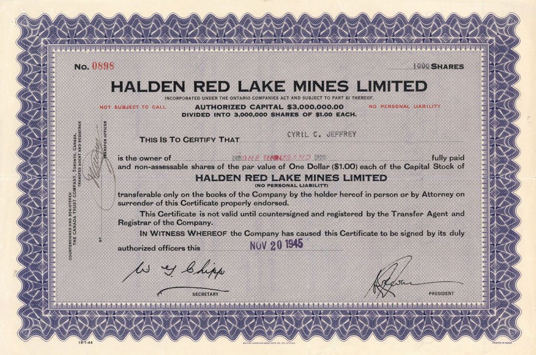 Halden Red Lake Mines, Limited  - Foreign Stock Certificate