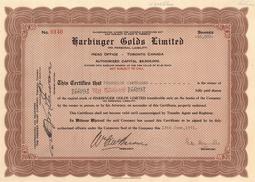 Harbinger Golds Limited  - Foreign Stock Certificate