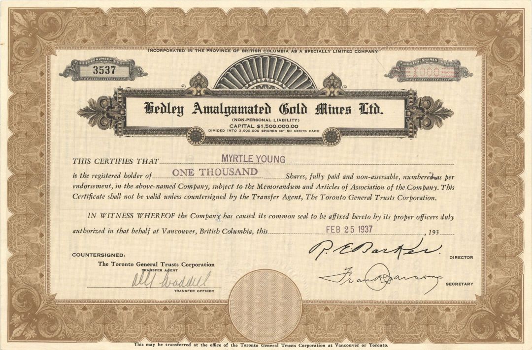 Hedley Amalgamated Gold Mines Ltd.  - Foreign Stock Certificate