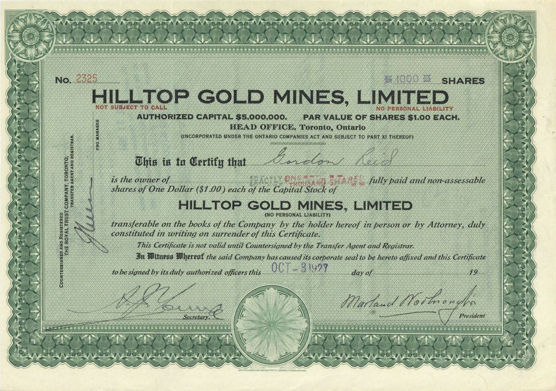 Hilltop Gold Mines, Limited  - Foreign Stock Certificate