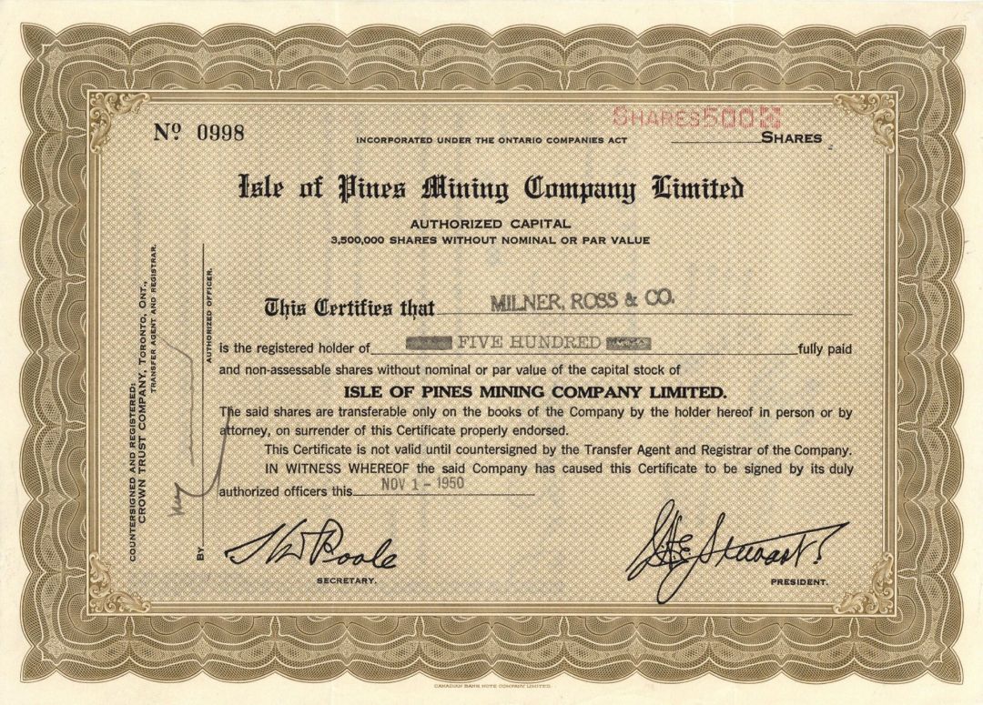 Isle of Pines Mining Company Limited  - Foreign Stock Certificate