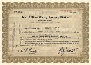 Isle of Pines Mining Company Limited  - Foreign Stock Certificate