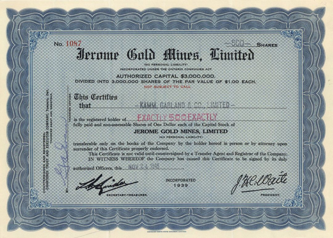 Jerome Gold Mines, Limited  - Foreign Stock Certificate
