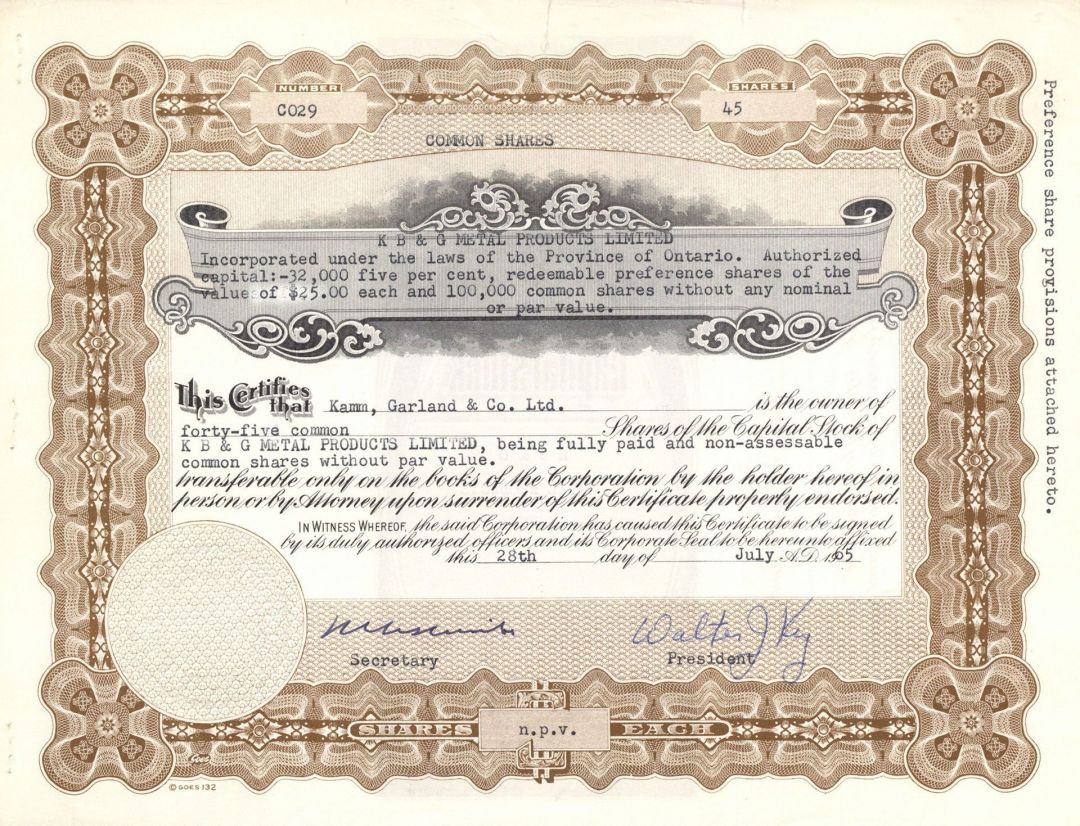 K B and G Metal Products Limited  - Foreign Stock Certificate