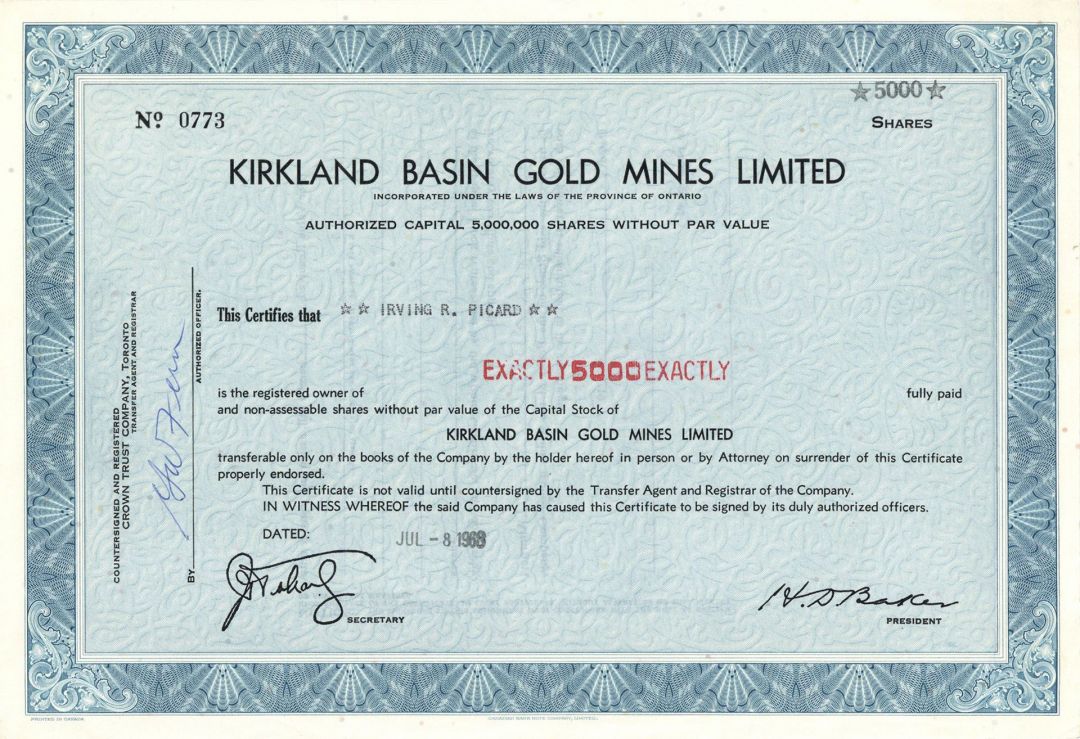 Kirkland Basin Gold Mines Limited  - Foreign Stock Certificate