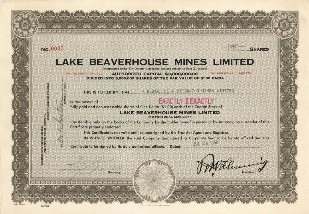 Lake Beaverhouse Mines Limited  - Foreign Stock Certificate