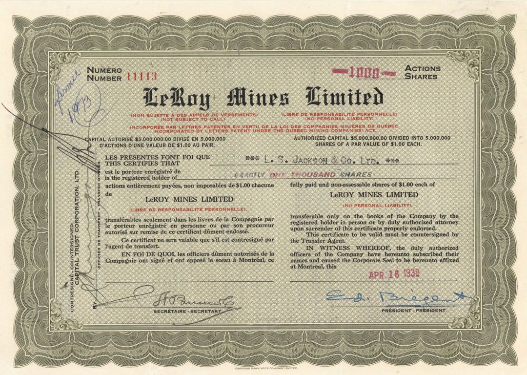 LeRoy Mines Limited  - Foreign Stock Certificate