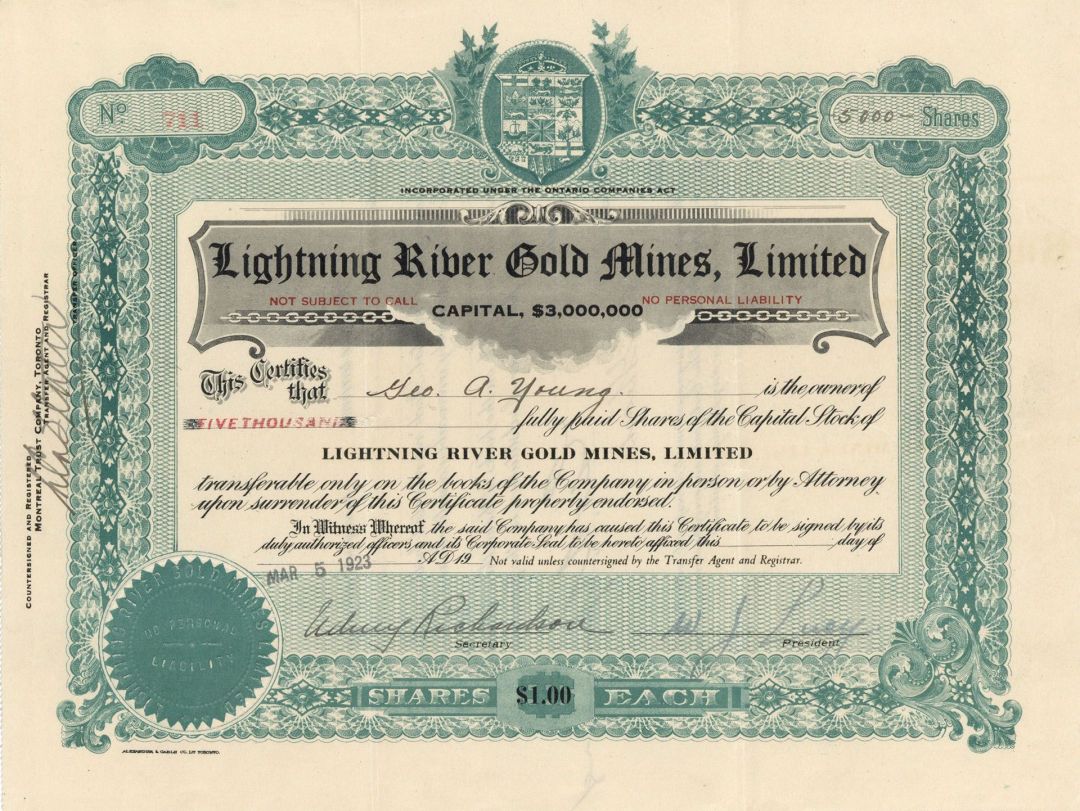 Lightning River Gold Mines, Limited  - Foreign Stock Certificate