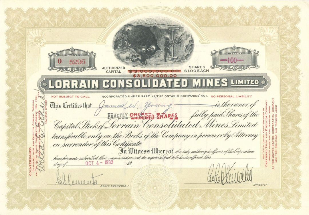 Lorrain Consolidated Mines Limited  - Foreign Stock Certificate