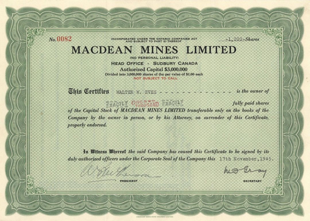 Macdean Mines Limited  - Foreign Stock Certificate