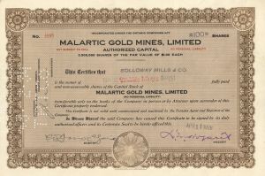 Malartic Gold Mines, Limited  - Canadian Stock Certificate