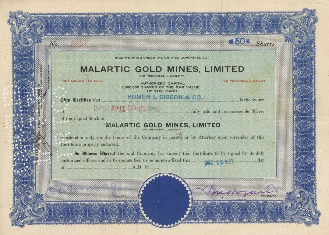 Malartic Gold Mines, Limited  - Foreign Stock Certificate