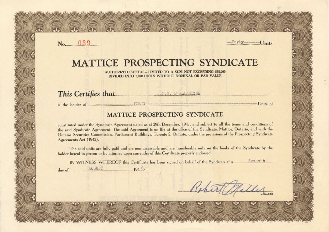 Mattice Prospecting Syndicate  - Foreign Stock Certificate