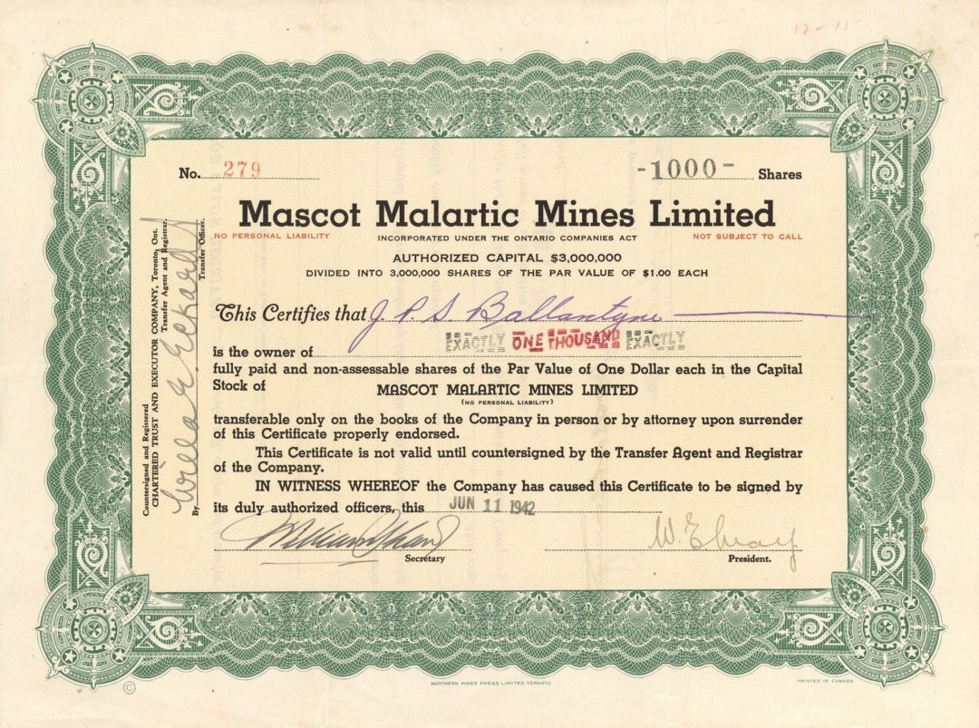 Mascot Malartic Mines Limited  - Foreign Stock Certificate