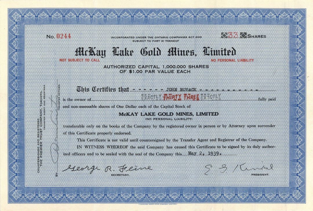McKay Lake Gold Mines, Limited  - Foreign Stock Certificate