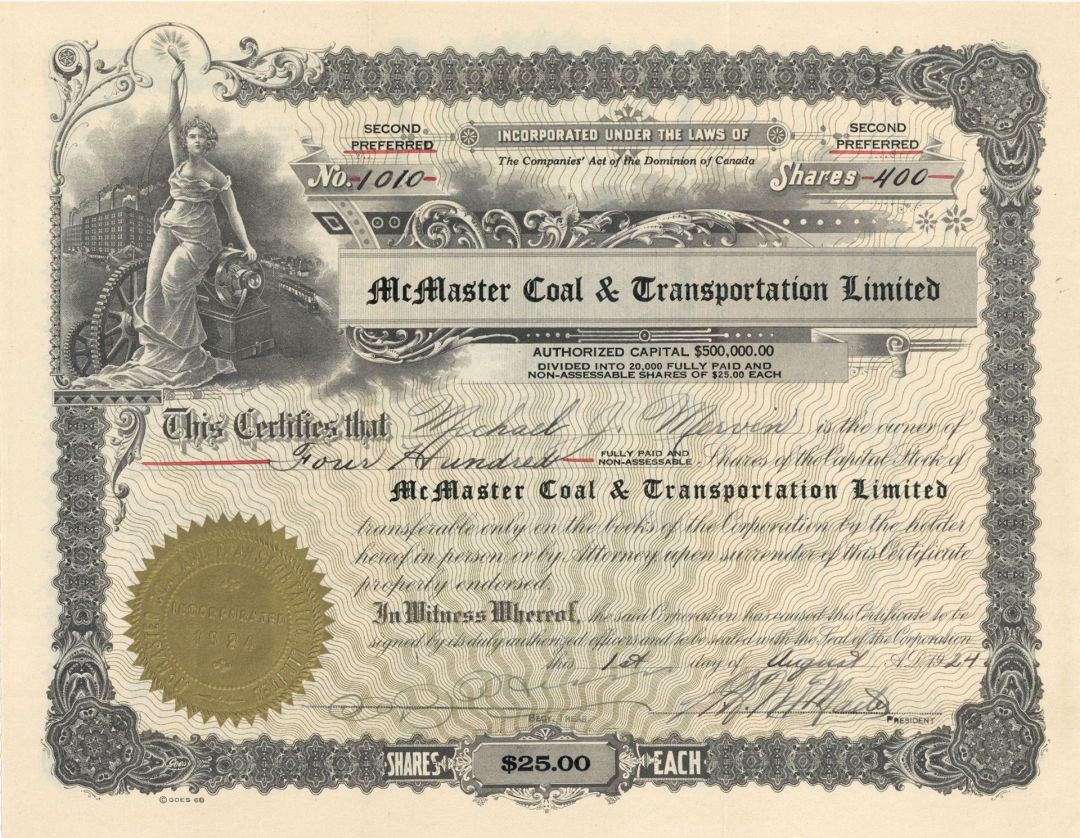 McMaster Coal and Transportation Limited - Canadian Stock Certificate