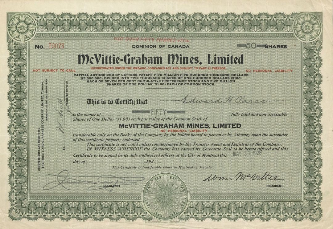McVittie-Graham Mines, Limited  - Foreign Stock Certificate