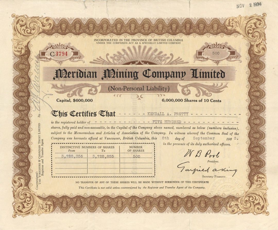 Meridian Mining Company Limited  - Foreign Stock Certificate