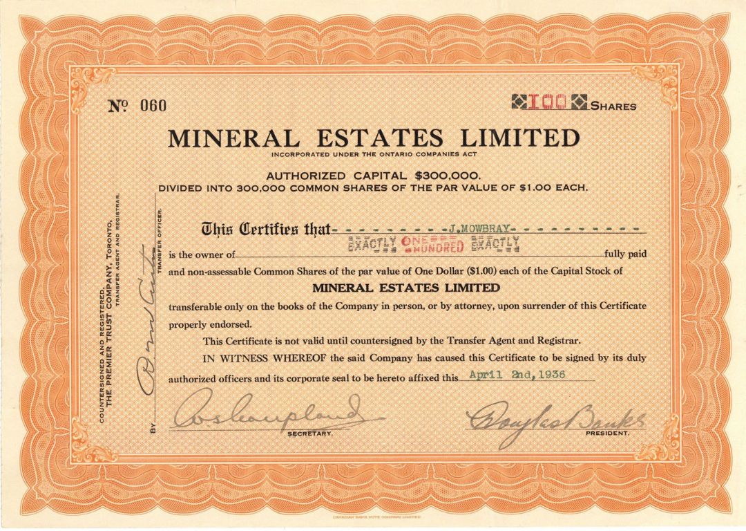 Mineral Estates Limited  - Foreign Stock Certificate
