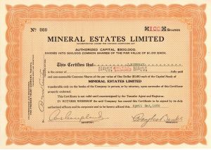 Mineral Estates Limited  - Foreign Stock Certificate