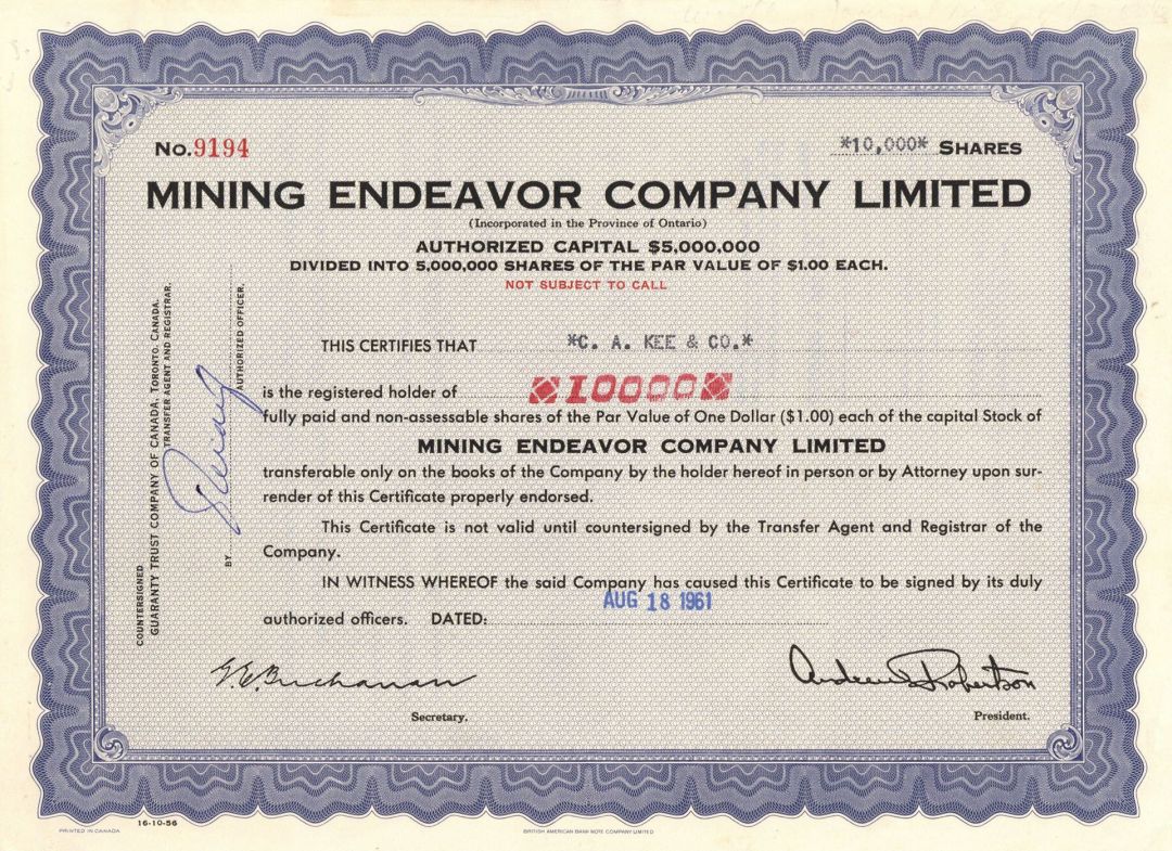 Mining Endeavor Company Limited  - Foreign Stock Certificate