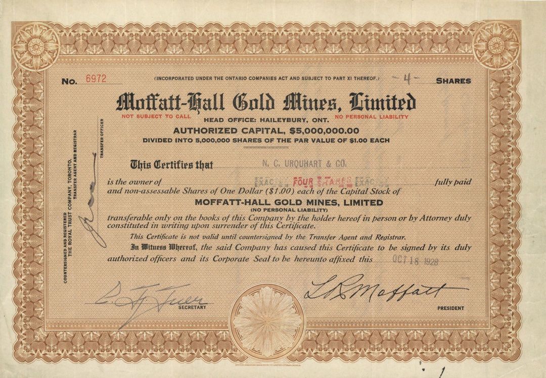 Moffatt-Hall Gold Mines, Limited  - Foreign Stock Certificate